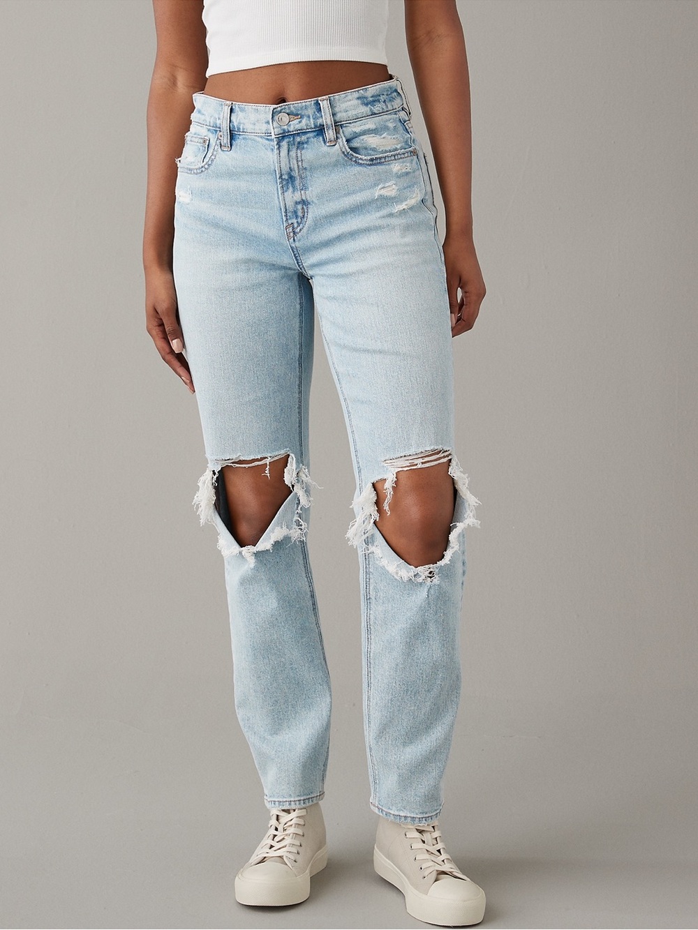 Super High Waisted Ripped Ankle Straight Jean
